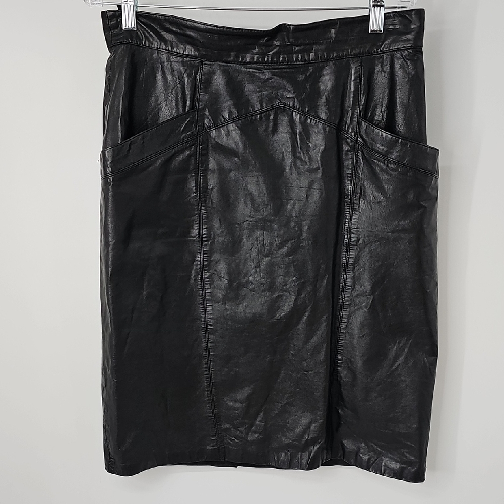VTG Toffs Genuine Leather Black Midi Skirt w Deep Front Pockets & Back Slit Goth